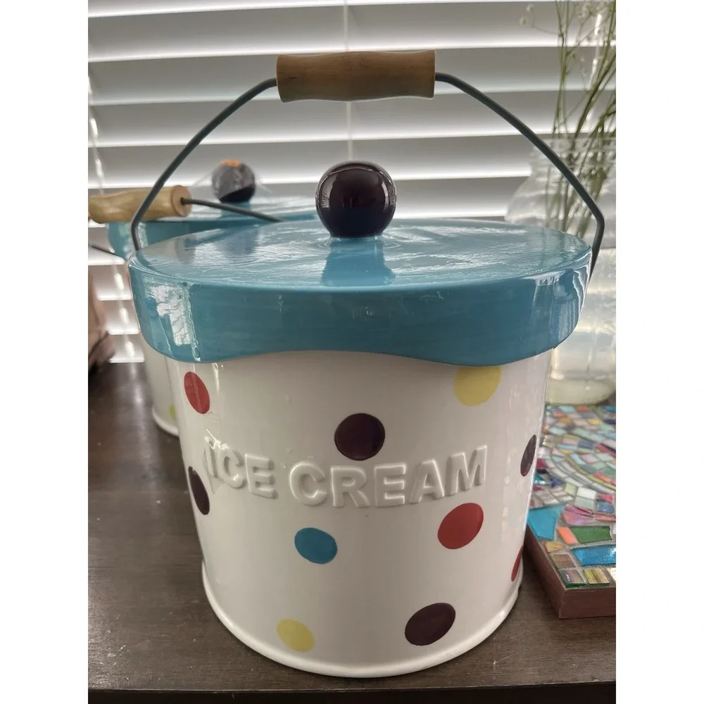 Main Ingredients Ceramic Ice Cream Server Pail Earthenware Polka Dot Cookie Jar